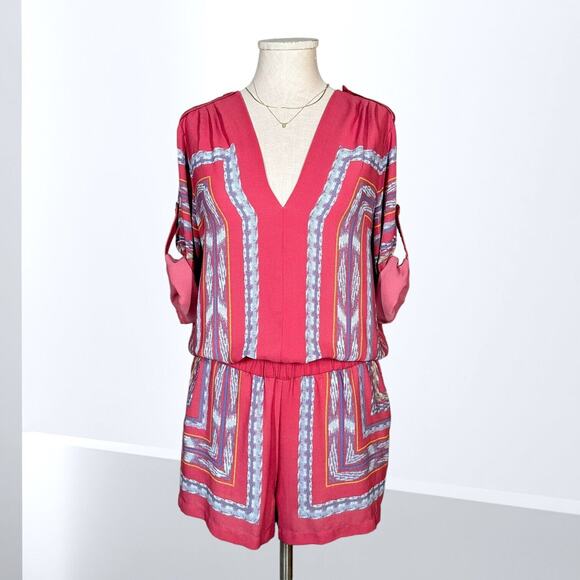 BCBGMAXAZRIA Chiffon Romper Soren Print RollTab Sleeve Pink Coastal Beach Chic - Picture 3 of 13